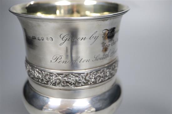 A George IV silver presentation goblet, decorated with vineous band and ewe, J.E Terry & Co, London, 1822, 15.3cm, weighted,